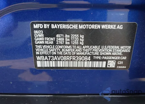 2024 BMW 4 Series Gran Coupe 430I xDrive из США, поврежденный, VIN WBA73AV08RFR39084